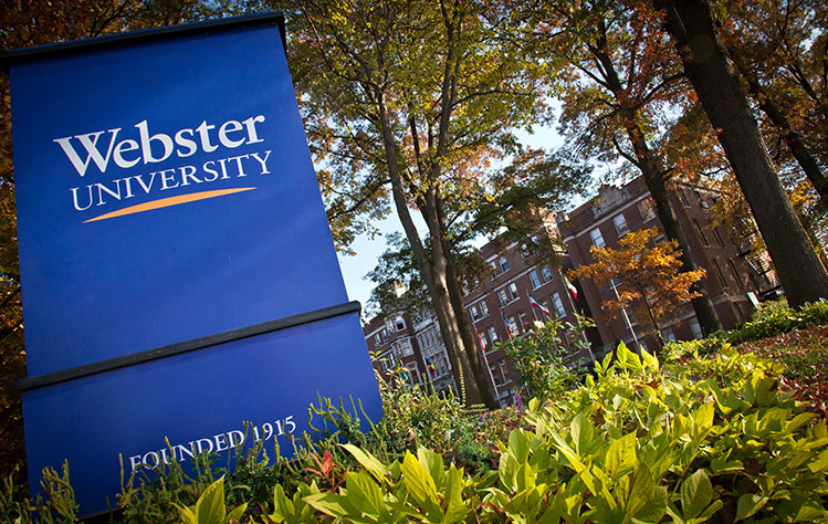 Webster University sign outside Webster Hall.