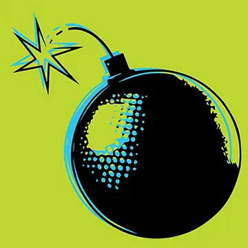 Black and blue bomb with star fuse print over green