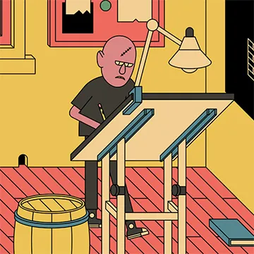 Animation art of a man standing at a drawing board in a yellow room with orange floor boards