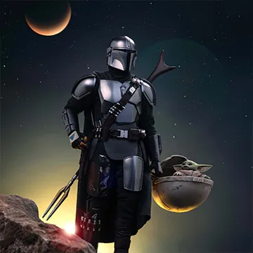 Nighttime scene with Madalorian and Yoda child