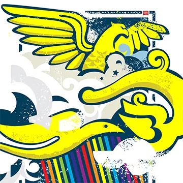Print piece with bold blocks of yellow eagle and dove among white, light gray and dark blue clouds and swirls with rainbow stripes at bottom.