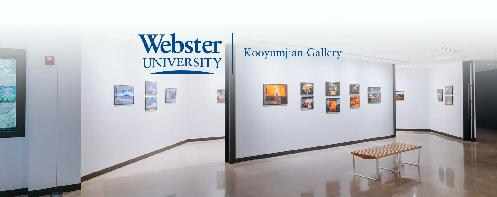 White walls of gallery with groupings of colorful photos, including floating wall, with a wood bench over wood floors.