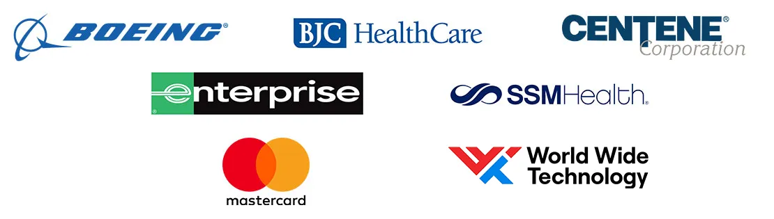 Logos for Boeing, BJC Healthcare, Centene Corporation, Enterprise, Mastercard, SSM Health and World Wide Technology