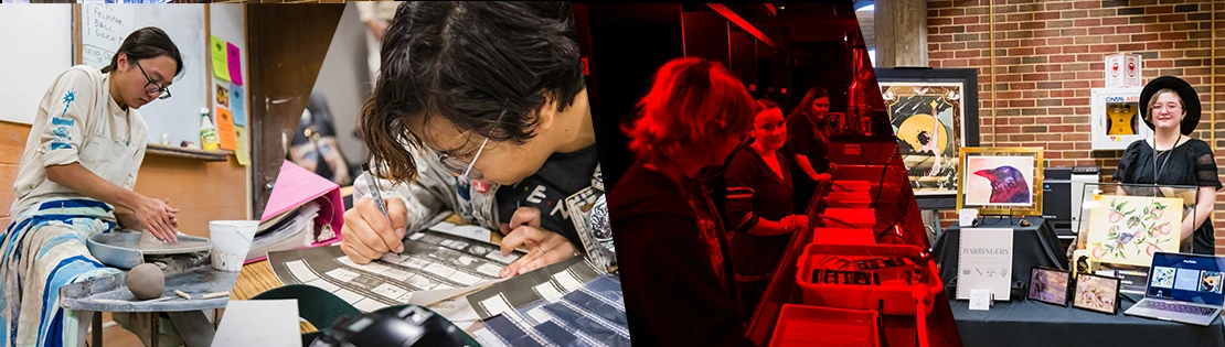 A collage of photos featuring art students and professors working together and exhibiting their pieces.