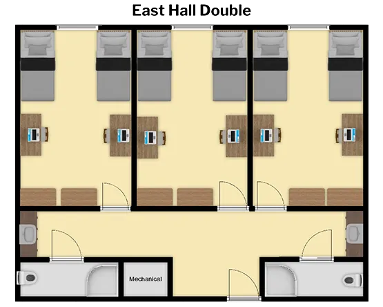 East Double 3 Bed 2 Bath floorplan with three double rooms opening to common area with two bath areas, door to main hallway