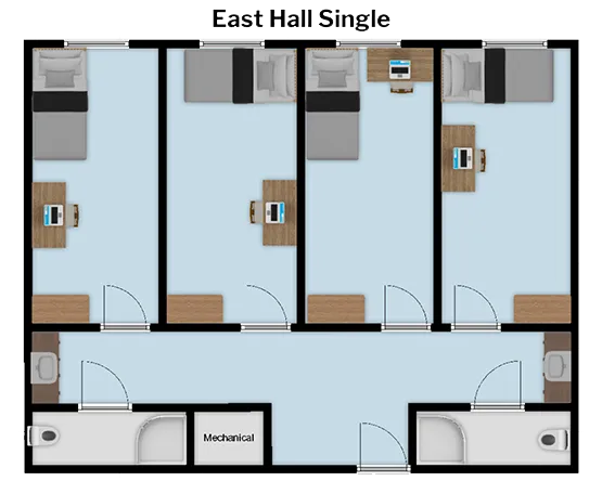 East Single 4 Bed 4 Bath floorplan with four single rooms opening to common area with two bath areas, door to main hallway