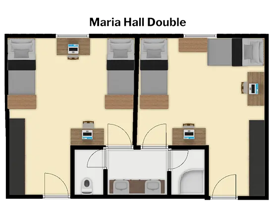 Maria Double 2 Bed 1 Bath floorplan with two double rooms each with entrance to common bathroom, separate doors to main hallway