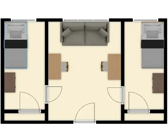 Schultz Hall floor plan showing two individual rooms with beds, dressers and closets with common room with couch and two desks.