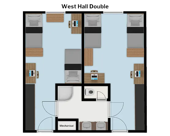 West Double 2 Bed 1 Bath floorplan with two double rooms each with entrance to common bathroom, separate doors to main hallway