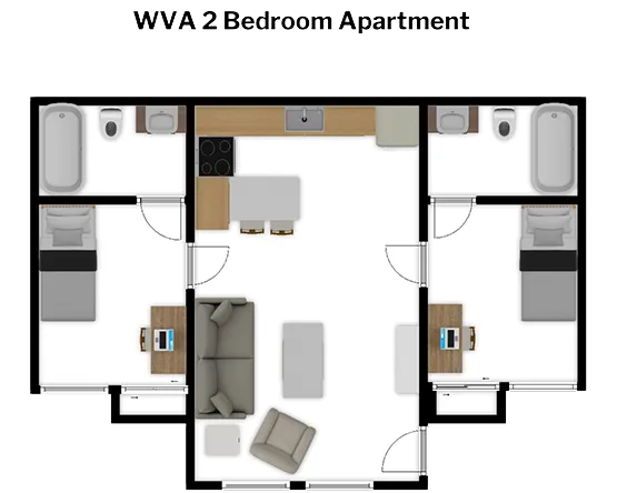 WVA 2 Bedroom 2 Bed 2 Bath floorplan with two bedrooms with private baths, both open to common living room and eat-in kitchen