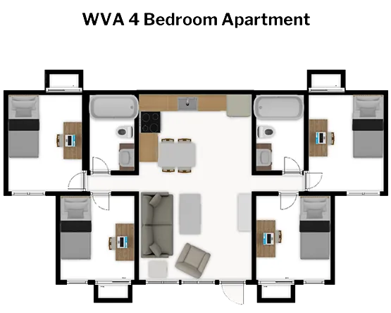 WVA 4 Bedroom 4 Bed 2 Bath floorplan with four bedrooms with two bathrooms, all open to common living room and eat-in kitchen