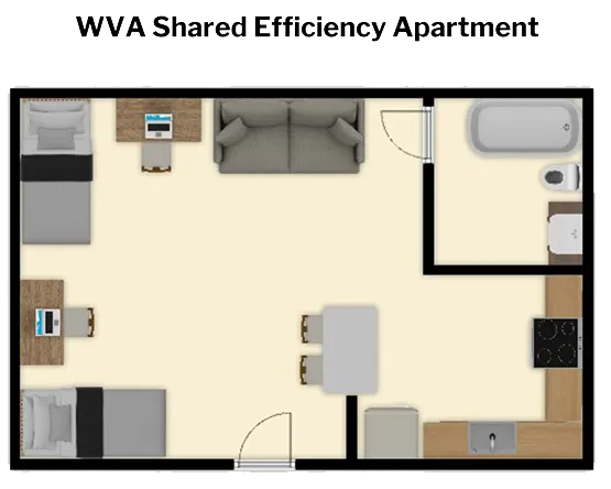 WVA Shared Efficiency 2 Beds 1 Bath floorplan with bunked beds, desks, and soft furniture in common area, corner kitchen and separate bathroom