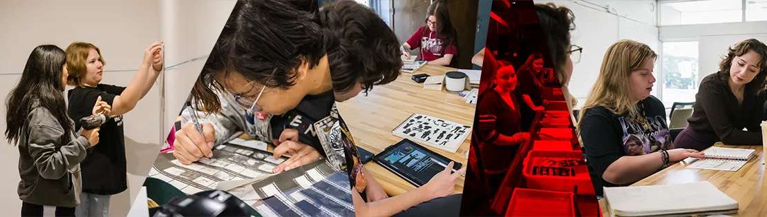 Students preparing for gallery show, reviewing photos, creating digital illustration, using a darkroom under red light, and working with professor.