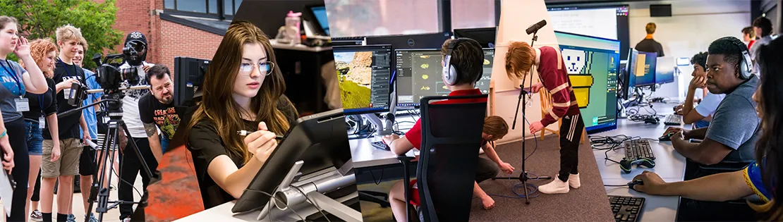 Students learning with filming equipment, professional computers and software, sound equipment, and each other.