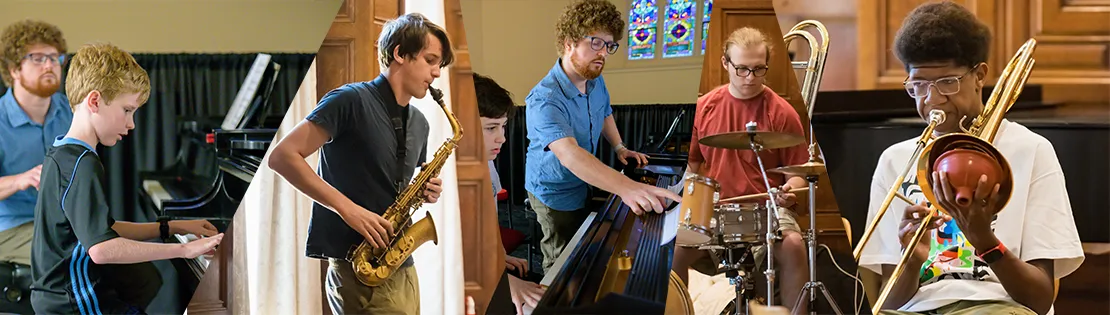 Students playing piano, brass instruments and drums.